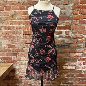 Mirrors Vintage Floral Mesh Mini Dress Grey Cherry Blossom Ruffle Hem 90s Small